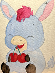 ACEO Original OOAK Signed (Not a Print) „Devon the Donkey“ & Cherries Cute Art