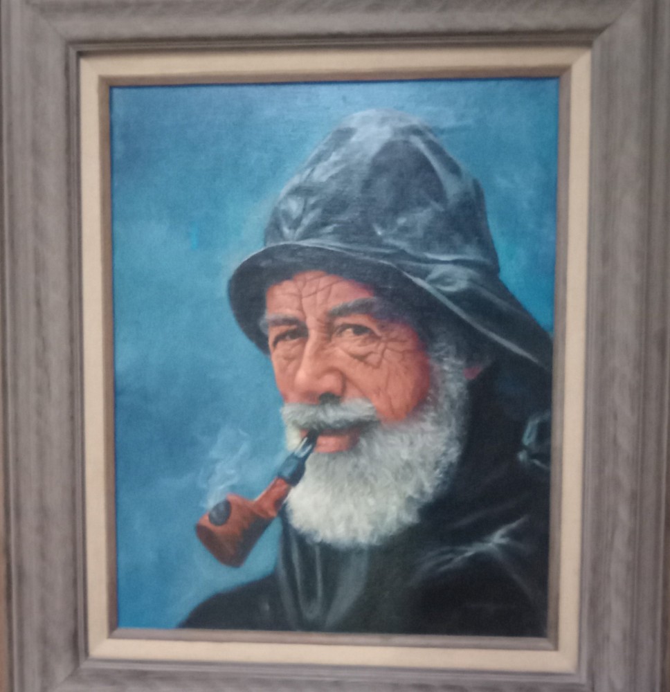 Old Sea Fisherman Smoking Pipe Oil Painting – From Lahaina, Hawaii 1976