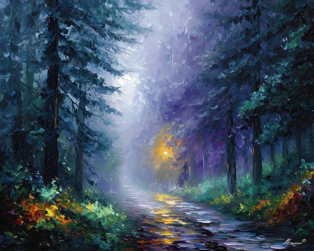 Leonid Afremov LANE THROUGH THE MIST Oil Paint 30″x24″ LIMITED EDITION GICLEE