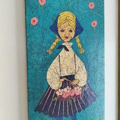 Vintage Original Finland Folk Art Painting Girl with a Floral Basket READ