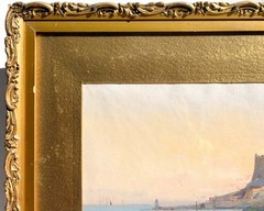 Original 19th C. Italian Watercolor – Bay of Naples – Baia Castle, Fishing Boats