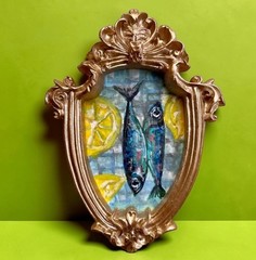 ORIGINAL Sardine Fish 🐟 & Lemon 🍋 mini painting • gold vintage ornate frame