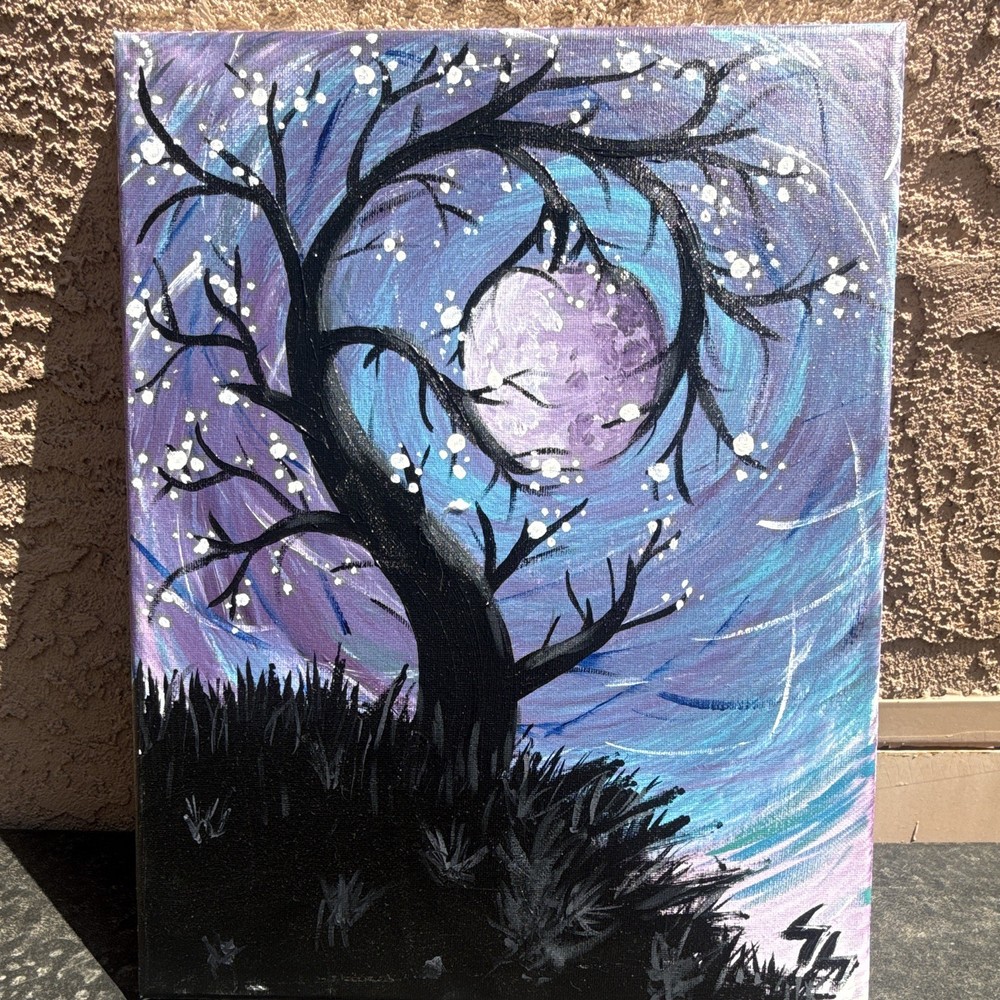 Tree Silhouette Purple Moon Night Sky Abstract Canvas Painting 11×14
