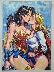 Original Wonder Woman Power Girl Fan Painting A4 DC Comics Anime Girls Handmade