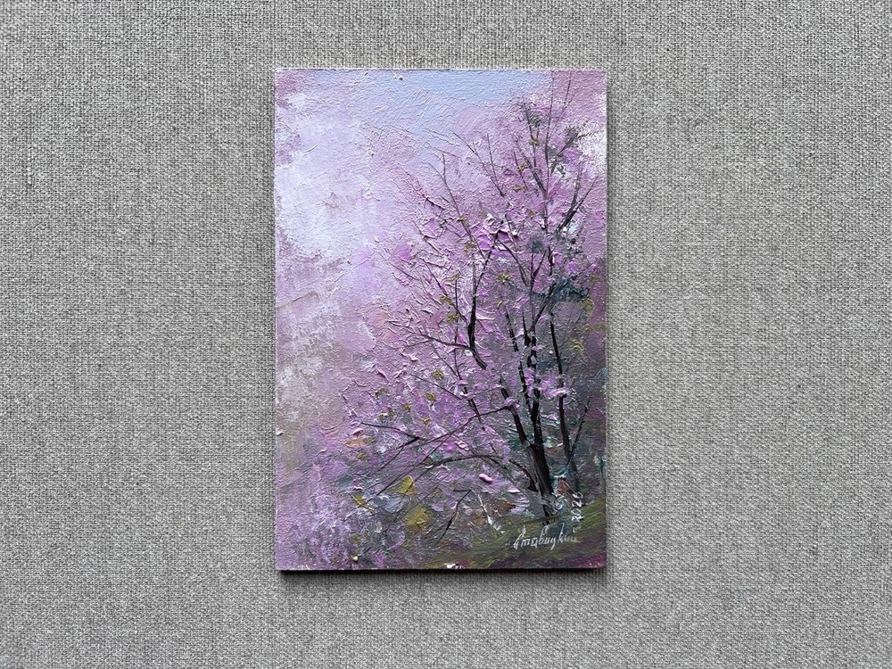 Original Sakura Pink Forest Oil Painting, Cherry Blossom Art, Small Misty Art