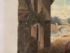 Painting Oil on Canvas Village Xixth 1850 Mountain Antique Painting Romantic