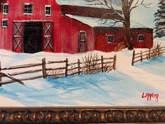 10 x 10 Framed Acrylic Painting on Canvas…..“Winter Barn with Two Pine Trees“
