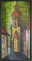 Oil painting View of a church Architecture Expressionist dated ’78 Monogr.