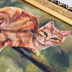 Original Oil Painting Ginger Cat On Tree Branch Pet Animal Art 4×6 Framed