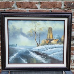 Vintage „River And Windmill Landscape Scene“ Oil Painting – Framed 25×22 inches