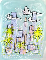Abstract Miami tropical city Art original gouache painting modern signed