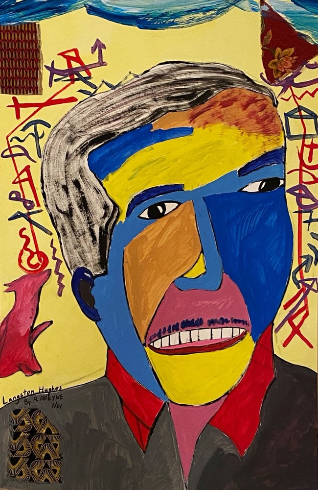 ALLEYNE B-1959 NYC LANGSTON HUGHES PORTRAIT OUTSIDER URBAN FOLK ART PAINTING