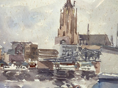 Watercolor Signed E.J.MÜHLENHOF Iron Footbridge and Frankfurt Imperial Cathedral