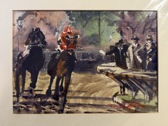 Vintage Original Horse Racing Racetrack Watercolor Painting by Tom Sutherland