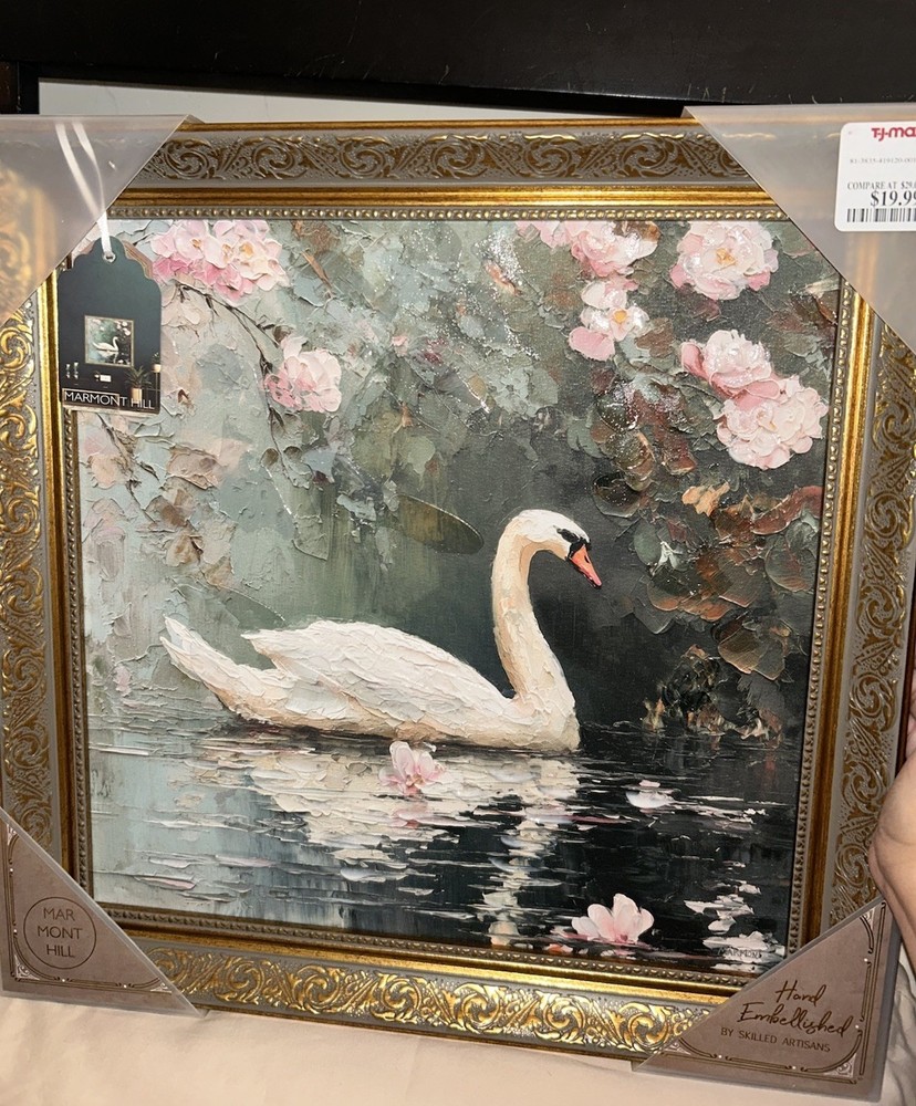 Viral Marmont Hill Swan Floral Square Gold Framed Wall Art Painting 15 X 15 Inch
