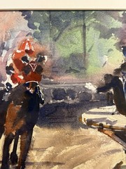 Vintage Original Horse Racing Racetrack Watercolor Painting by Tom Sutherland