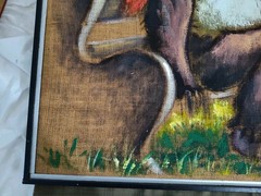 Signed Nancy M. Kurt Satiracal Clown Folk Art Painting Burlap Folk Art 32 X 36″