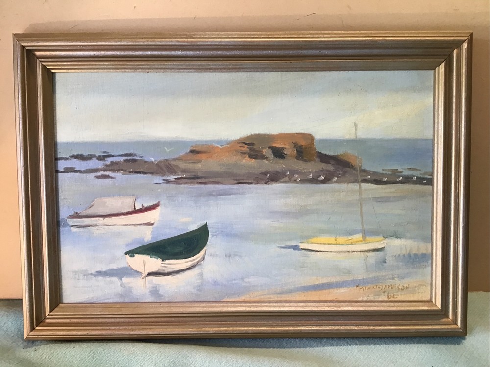 M Stuart Jamison 1962 Framed Boats At Harbour Oil Painting
