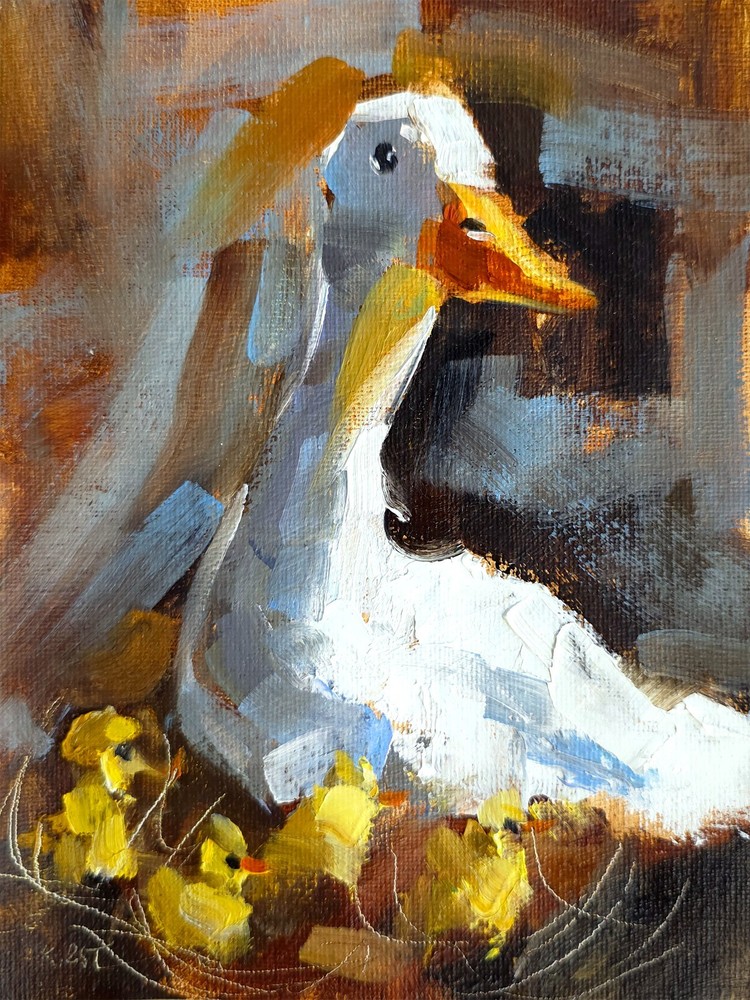 Original Oil Painting Goose with Chicks Farm Animals Wall Decor Gift