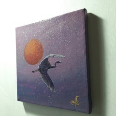 Original Acrylic Bird Painting Crane Sunset Impressionist Landscape Canvas Art