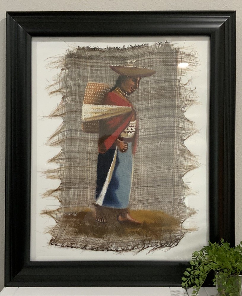 Vtg Ecuador Painting on Woven Horse Hair Frame Woman Walk Barefoot 24 3/8” X 20”