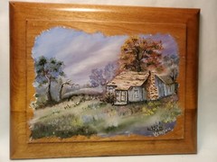 Vintage Hand Painted Wooden Plaque signed Verona Cabin in The Woods