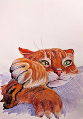 Ginger Cat Watercolor Hand Painted Red Kitty Portrait Nursery A4 Animal Art