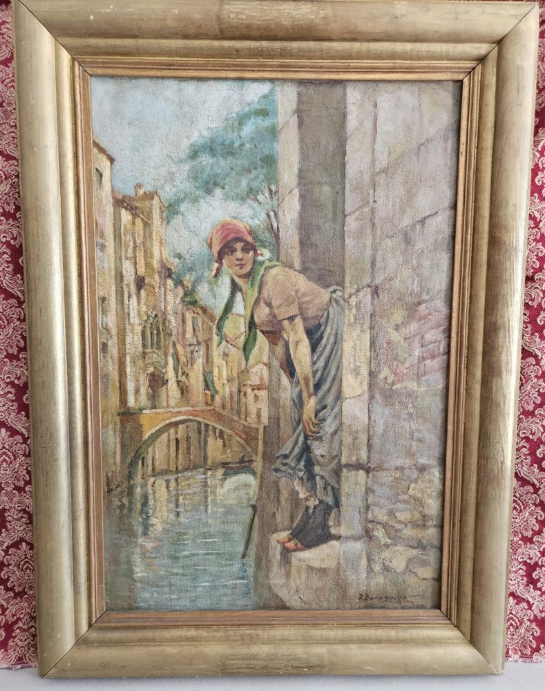 Antique WOMAN BY VENICE CANAL Oil Painting by Donatus Buongiorno ITALY Framed