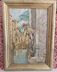 Antique WOMAN BY VENICE CANAL Oil Painting by Donatus Buongiorno ITALY Framed