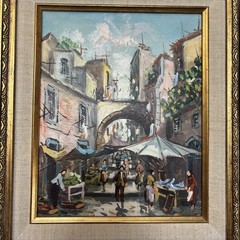 VINTAGE OIL PAINTING CANVAS SIGNED MARKET STREET SCENE ITALIAN CITYSCAPE 13×15