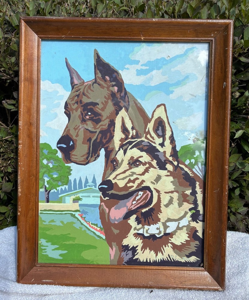 VINTAGE FRAMED IN GLASS PAINT BY NUMBER PICTURE OF 2 DOGS – 18″ X 14″