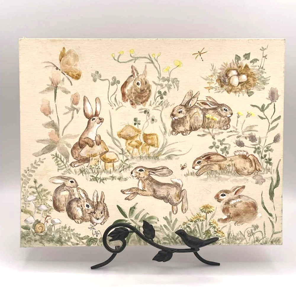 Rabbit Bunny Woodland Painting Canvas Board 14×11 Original Art
