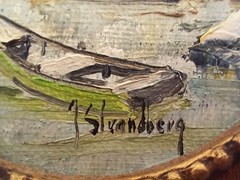 Original Painting Ocean Pier w Boats Fisherman Painted Gold Frame Strandberg Sea