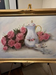 Original Signed Maryann Matlock Oil Painting Pink Roses Tea SetOrnate Gold Frame