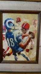LA Rams football oil painting – „Blitzing Gabriel“ #165, D.E. Weigel, vintage