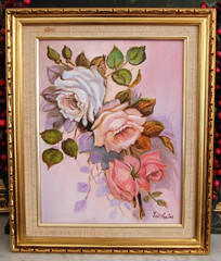 VTG 1980’S SMALL FRAMED ORIGINAL OIL ROSE FLOWERS BOUQUET CUBAN ARTIST ZOE CUTIE