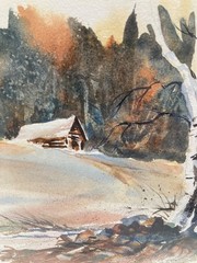 Joseph A Kennedy Watercolor Log Cabin Winter Landscape White Birch Tree Vtg 1978
