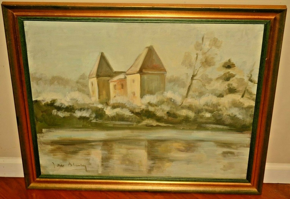 BARBARA CLEARY Original Vintage Signed Chateau House Lake Landscape Oil Painting