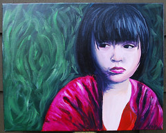 Vtg PORTRAIT ASIAN GIRL Original Art ACRYLIC PAINTING ON CANVAS Signed 20″ x 16″