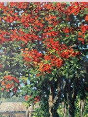 Jorge Romero vintage 80’s painting Campo y Flamboyanes -Puerto Rico Art Latin Am