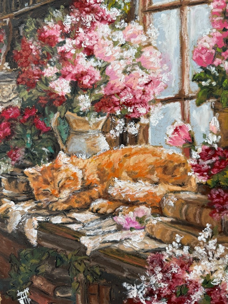 Orange Cat Original Art Still Life Wall Art Animal Oil Pastels Art Flowers Art