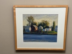 Signed Acrylic on Canvas Board Painting Landscape River Houses & Trees