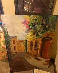 One of one Village Courtyard Street Scene Canvas Painting Large Unframed