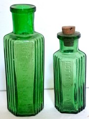 BRIGHT GREEN POISON BOTTLES SET OF 2 SIZES WITH EMBOSSED WRITING RIBBED SIDES