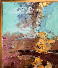 ABSTRACT MODERNIST LANDSCAPE PAINTING W/ GOLD LEAF SIGNED DIANA MULDER? 24″