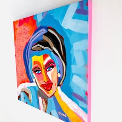 DUBE Original Painting Lady Face Portrait Colorful 12×12 Cradled Wood Panel OOAK