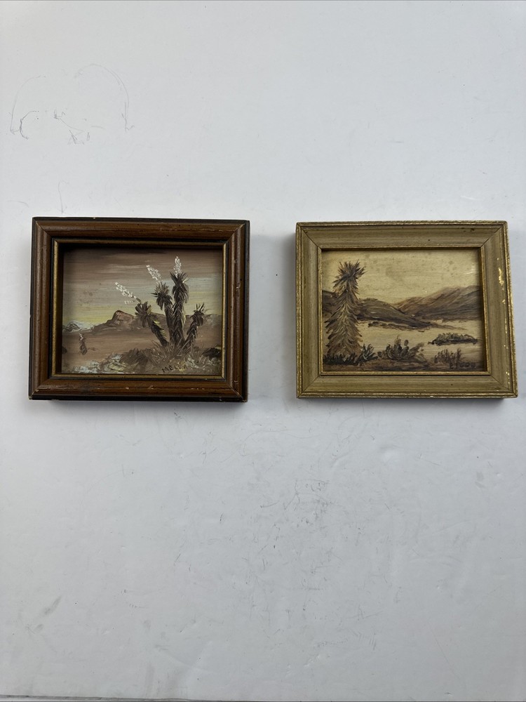 Vintage Lot of 2 Minature Desert Landscape Oil Paintings Both are Signed