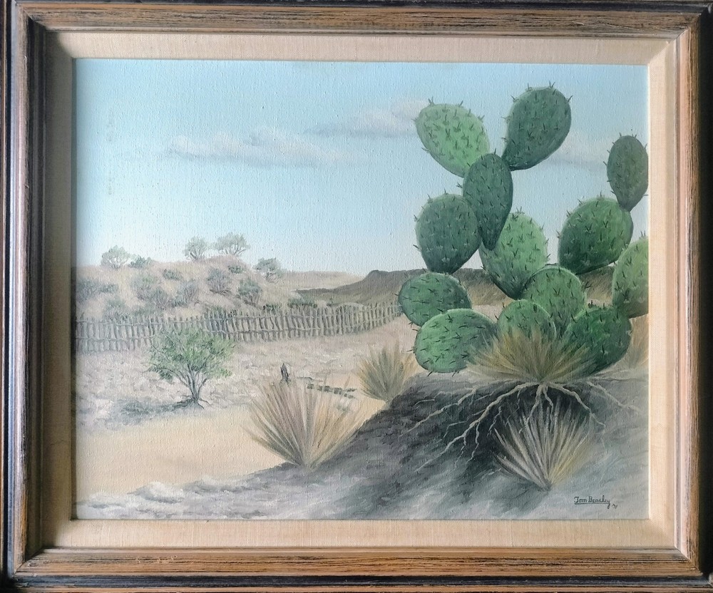 Original 1971 Tom Beasley Oil Painting Texas Landscape, Prickly Pear Cactus