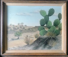 Original 1971 Tom Beasley Oil Painting Texas Landscape, Prickly Pear Cactus