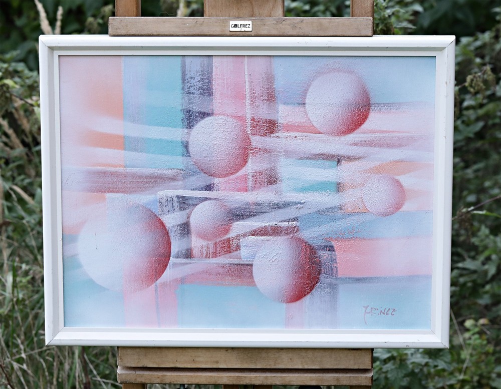 Signed Oil Painting on Canvas – Abstract Sphere Composition, Framed